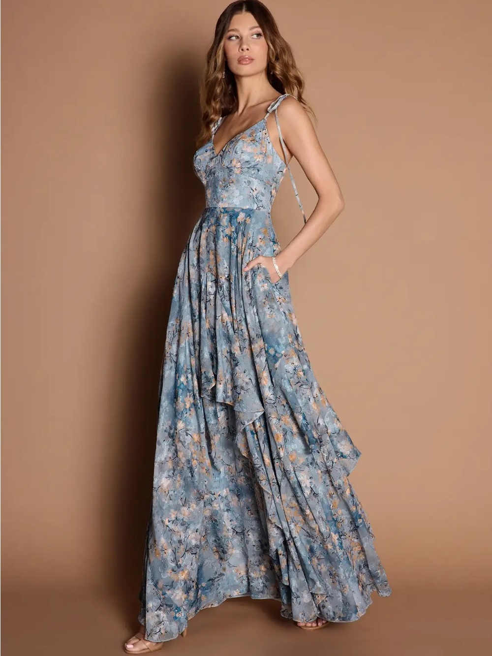 Azazie Blue Floral V-Neck Tie-Strap Maxi Dress - Picture 2 of 10